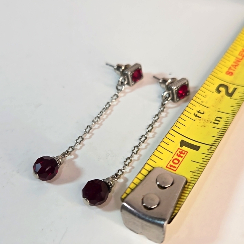 NWOT Artisan Silver and Red Crystal Dangle Drop Earrings Dainty Lightweight - Picture 5 of 7